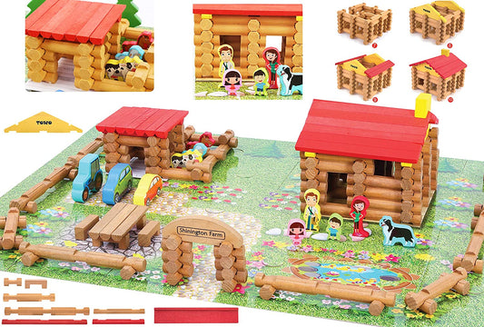 Wooden Logs Toys Farm Playset- Wooden Logs Building Set Farm House Wooden Construction Toys 207 Pieces Animal Farm - Wooden Building Toys for 3 4 5 6 Year Olds