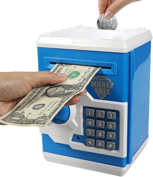 Piggy Banks for Kids, Electronic Password Code Money Banks ATM Banks Box Coin Bank for Children Boys and Girls (Blue/White)