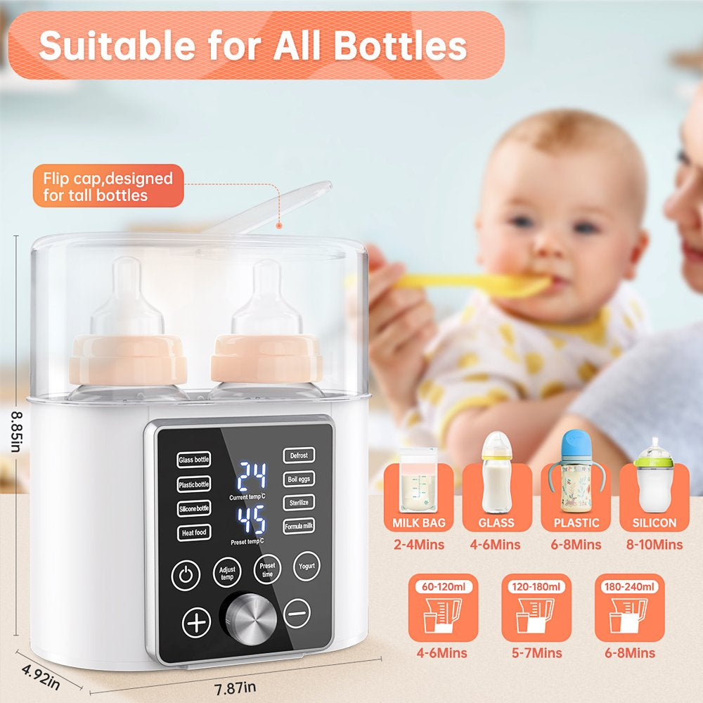 Baby Bottle Warmer, 12-In-1 Babies Fast Bottle Milk Warmer, Double Food Heater Defrost Bpa-Free with Twins, LCD Display, Timer & 24H Temperature Control for Breastmilk & Formula
